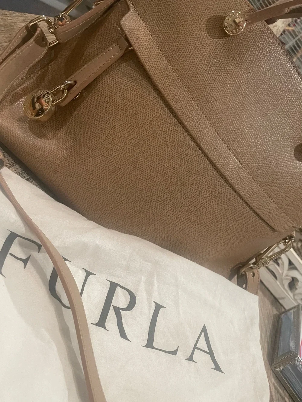 Furla Camel Tan Dome Satchel with Detachable Strap